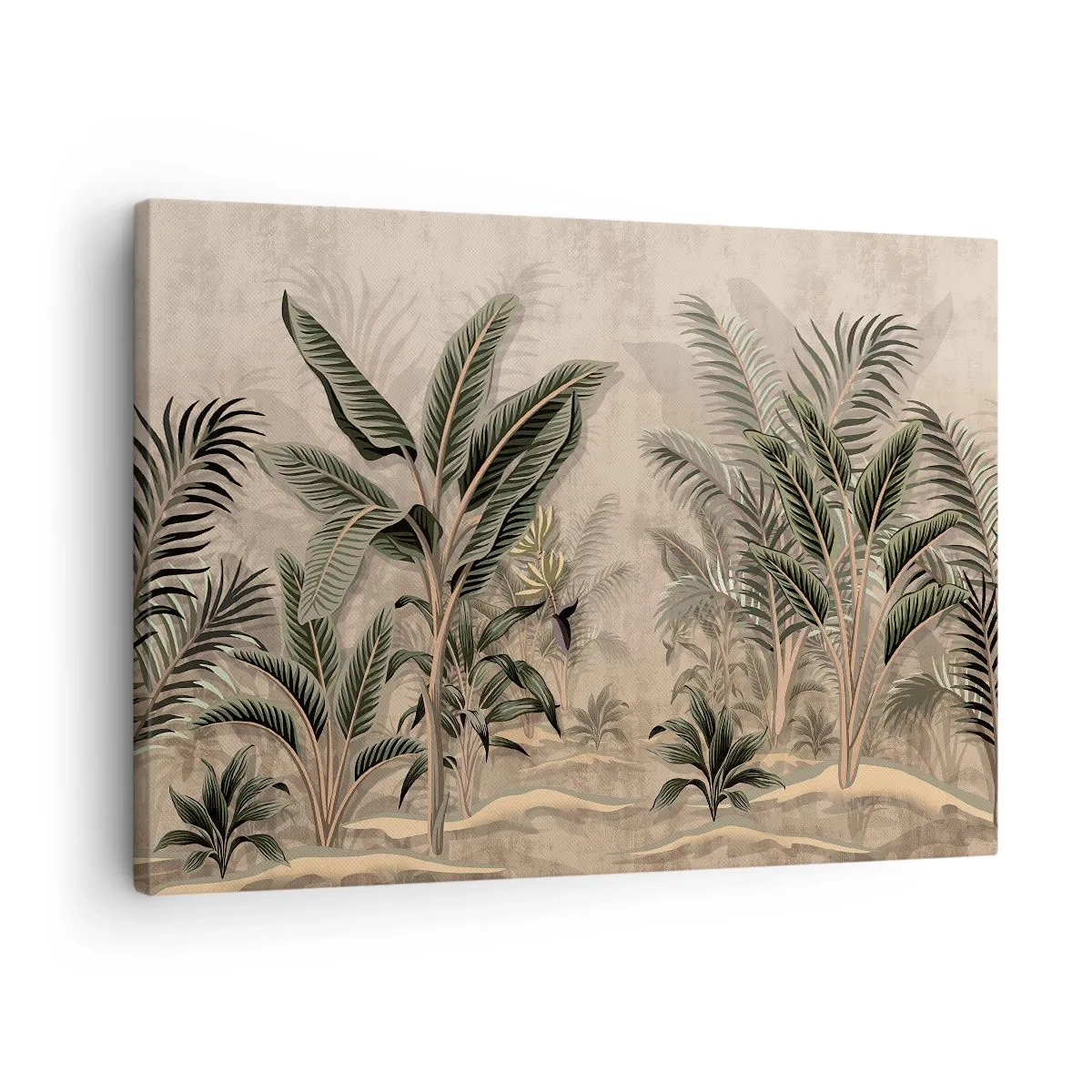 Obraz na plátne - Palmy a tropická vegetácia v odtieňoch zelenej na béžovom pozadí - 70x50cm - Rytina v koloniálnom štýle - Moderná nástenná dekorácia do obývacej izby a spálne ARTTOR