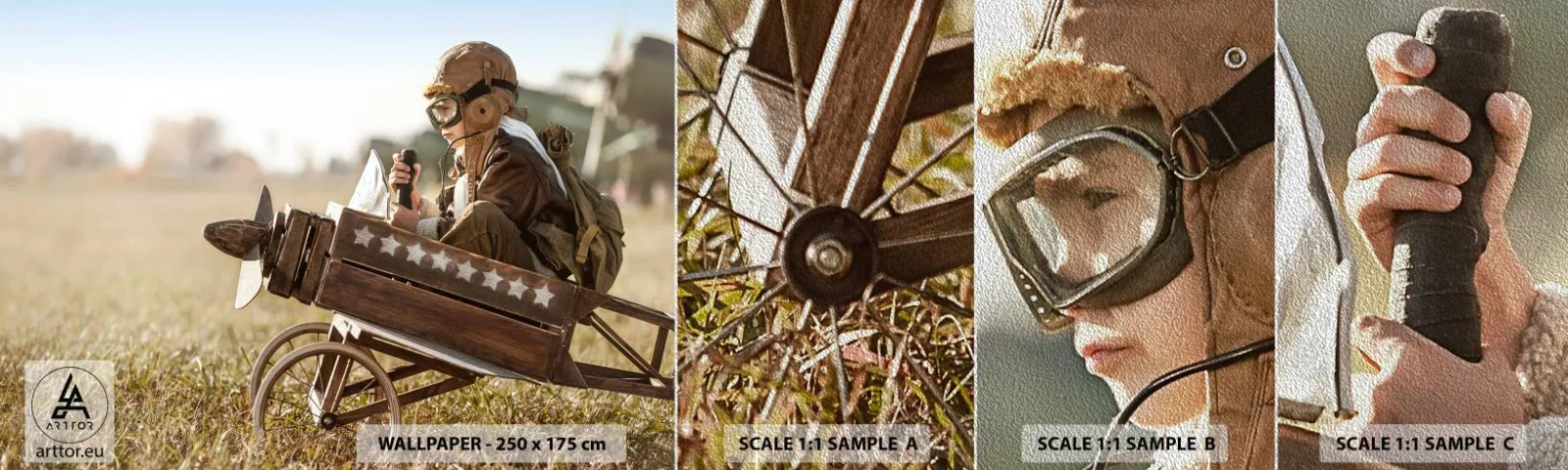 Vzorka fototapety Premium Sand - Štart do snov - Chlapec, Lietadlo, Vintage - 100x30 cm