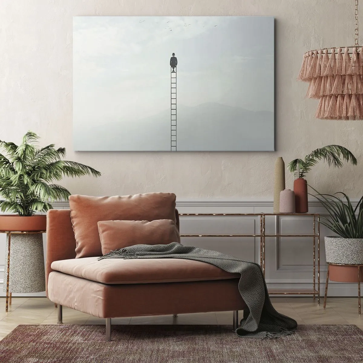 Obraz na plátne - Muž na rebríku stúpajúci do neba - 70x50cm - Povzniesť sa nad to - Moderná nástenná dekorácia do obývacej izby a spálne ARTTOR