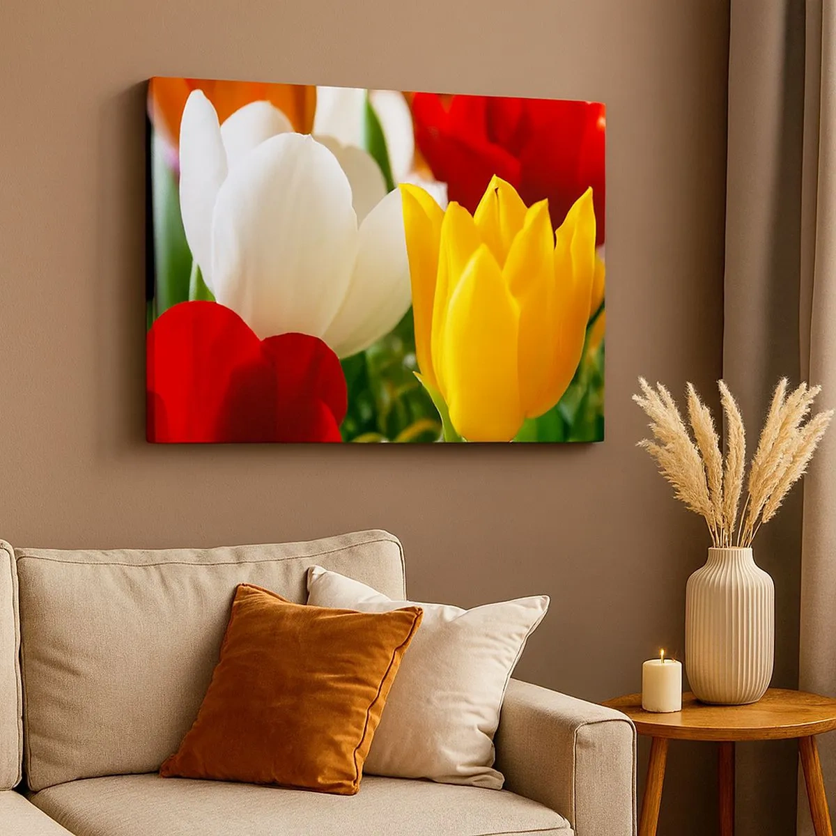 Obraz na plátne - Detailný záber farebných tulipánov na jarnom pozadí - 70x50cm - Tulipánová horúčka - Moderná nástenná dekorácia do obývacej izby a spálne ARTTOR