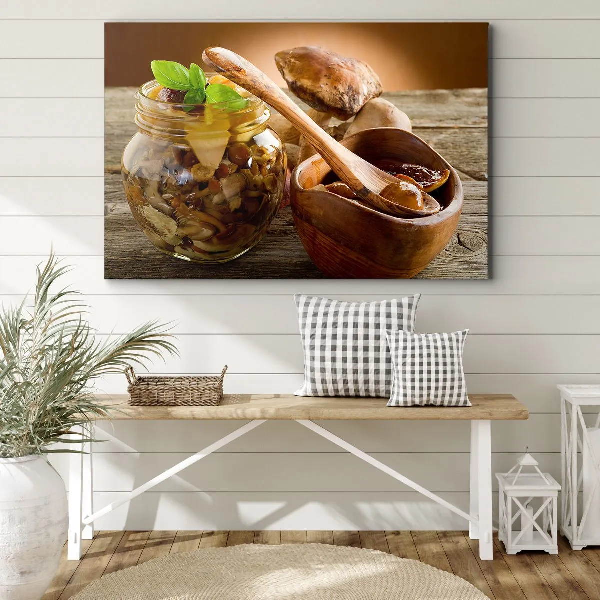 Obraz na plátne - Prírodné huby v pohári na rustikálnom stole - 70x50cm - Či už čerstvý alebo solený, alebo jesenný… - Moderná nástenná dekorácia do obývacej izby a spálne ARTTOR