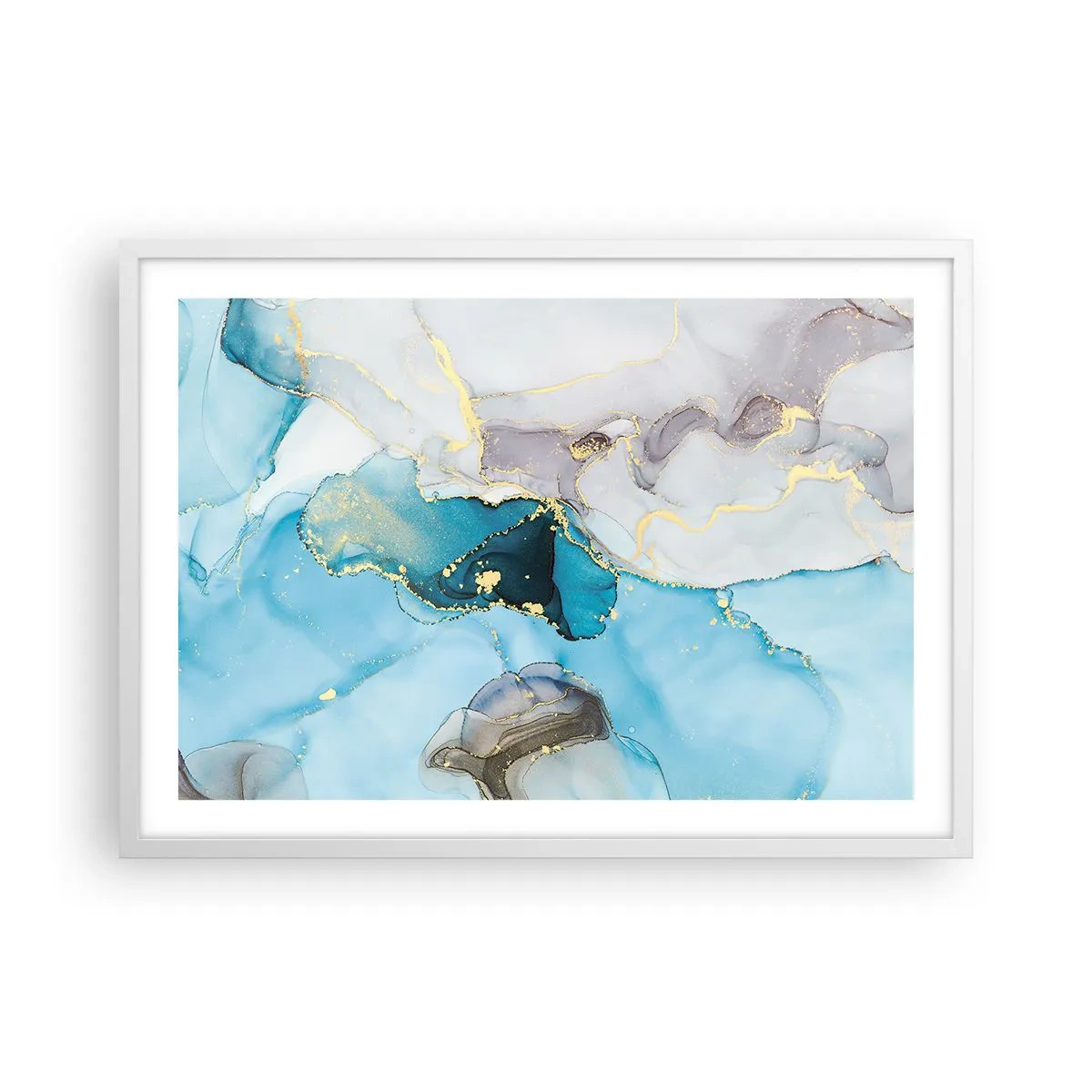 Plagát v bielom ráme - Štúdia o stretnutí šedej a tyrkysovej - 70x50 cm
