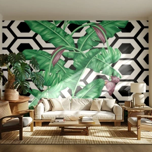 Fototapeta Standard Eco - Exotické banánové listy na geometrickom pozadí - 100x70cm - Symetrická kompozícia od prírody - Moderná nástenná dekorácia do obývacej izby a spálne ARTTOR