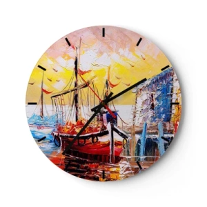 Nástenné hodiny - Plachetnice na móle vo svetle zapadajúceho slnka - 30x30cm - Šťastný návrat - Moderná nástenná dekorácia do obývacej izby, kuchyne a spálne ARTTOR