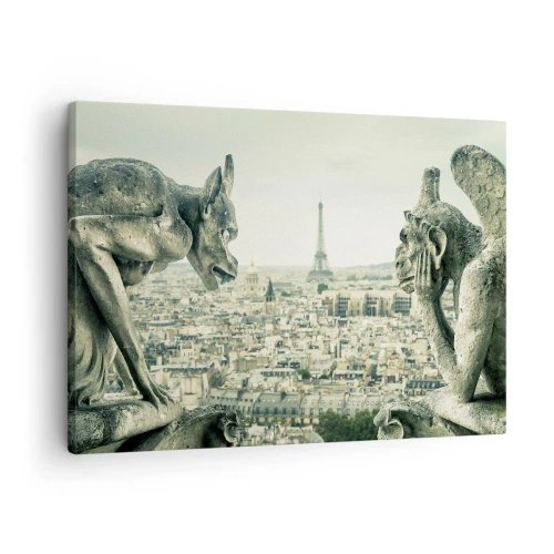 Obraz na plátne - Chrliče s výhľadom na panorámu Paríža a Eiffelovu vežu - 70x50cm - Parížske rozprávanie - Moderná nástenná dekorácia do obývacej izby a spálne ARTTOR