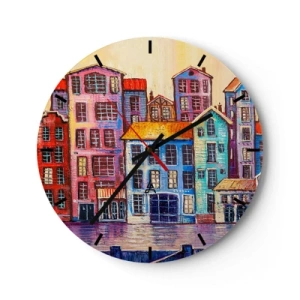 Nástenné hodiny - Farebné činžiakové domy odrážajúce sa vo vode v impresionistickom štýle - 30x30cm - Mesto ako z rozprávky - Moderná nástenná dekorácia do obývacej izby, kuchyne a spálne ARTTOR
