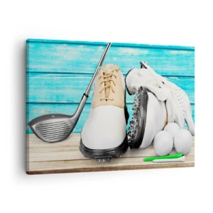 Obraz na plátne - Sada golfového príslušenstva na drevenom pozadí - 70x50cm - Všetko pripravené - Moderná nástenná dekorácia do obývacej izby a spálne ARTTOR