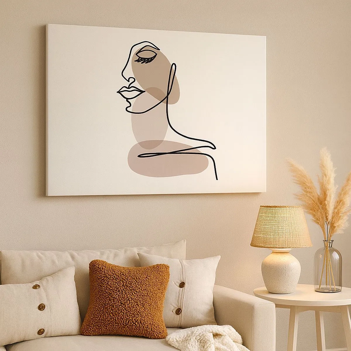 Obraz na plátne - Minimalistická ženská tvár s abstraktnými škvrnami - 70x50cm - Pri počúvaní samého seba - Moderná nástenná dekorácia do obývacej izby a spálne ARTTOR