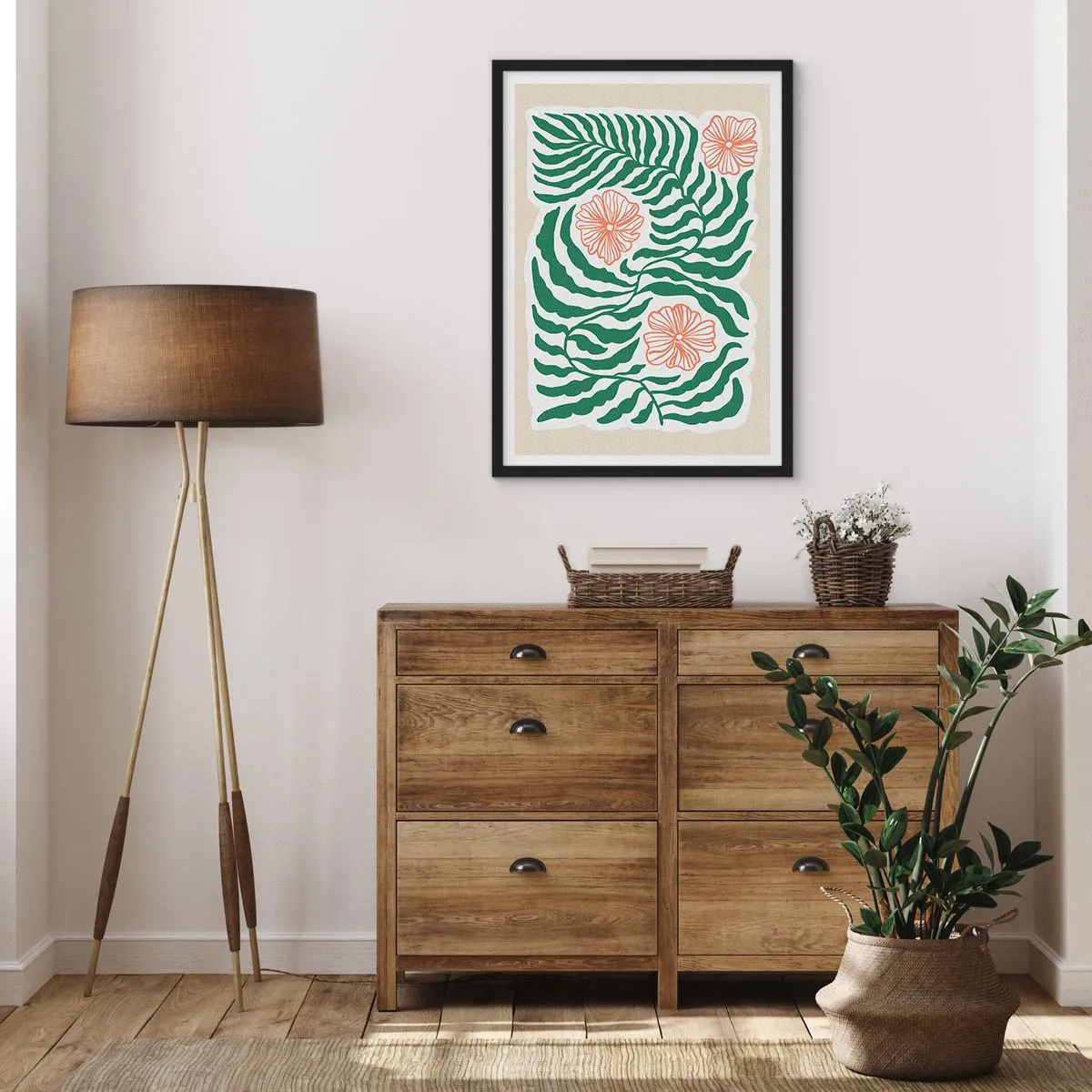 Plagát v čiernom ráme - Abstraktná grafika listov a kvetov na béžovom pozadí - 50x70cm - Rozkvitnuté v zeleni - Moderná nástenná dekorácia do obývacej izby a spálne ARTTOR