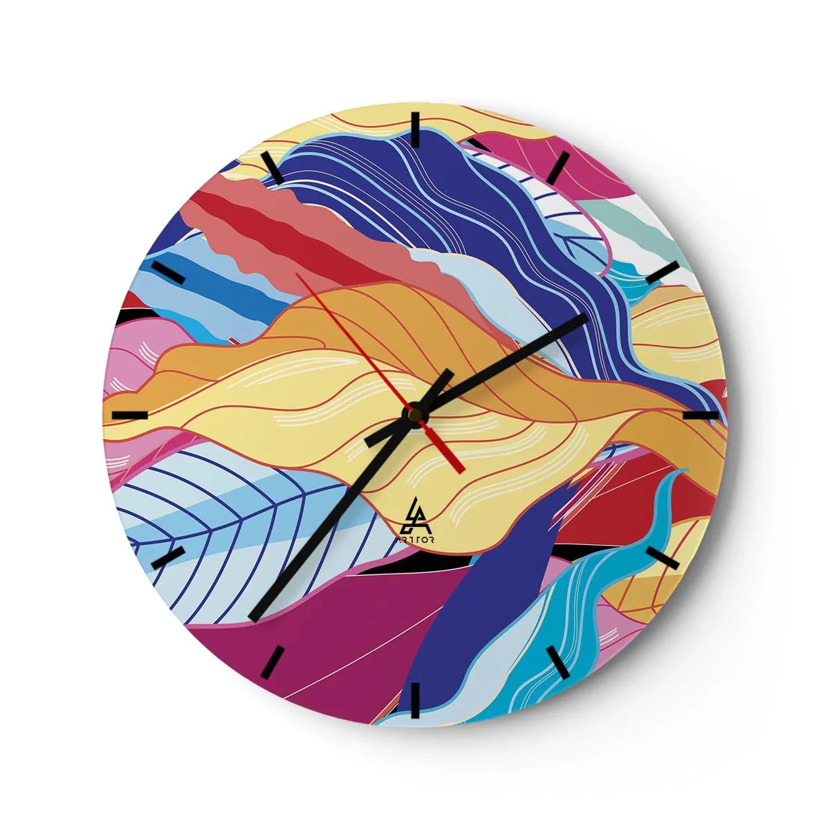 Nástenné hodiny - Farebná abstrakcia s motívmi listov a vlnitými čiarami - 30x30cm - Farebný neporiadok - Moderná nástenná dekorácia do obývacej izby, kuchyne a spálne ARTTOR