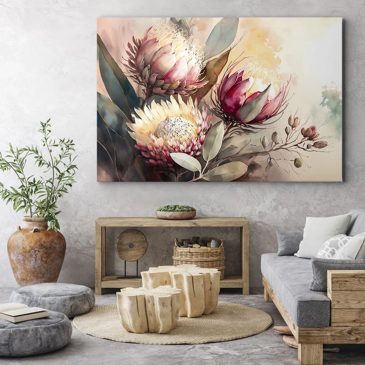 Obraz na plátne - Kvety protey v jemných pastelových odtieňoch - 70x50cm - Z profilu a en face - Moderná nástenná dekorácia do obývacej izby a spálne ARTTOR