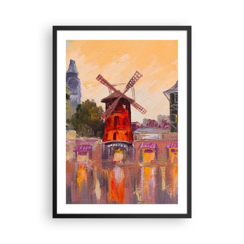 Plagát v čiernom ráme - Maliarska interpretácia slávneho veterného mlyna na pozadí mesta - 50x70cm - Parížske ikony – Moulin Rouge - Moderná nástenná dekorácia do obývacej izby a spálne ARTTOR