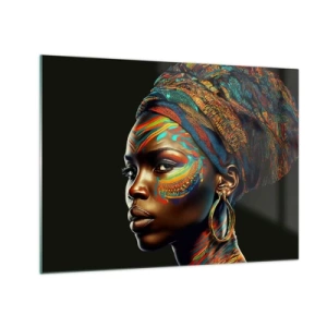 Obraz na skle - Portrét ženy s farebnou maľbou a turbanom - 70x50cm - Africká kráľovná - Moderná nástenná dekorácia do obývacej izby a spálne ARTTOR