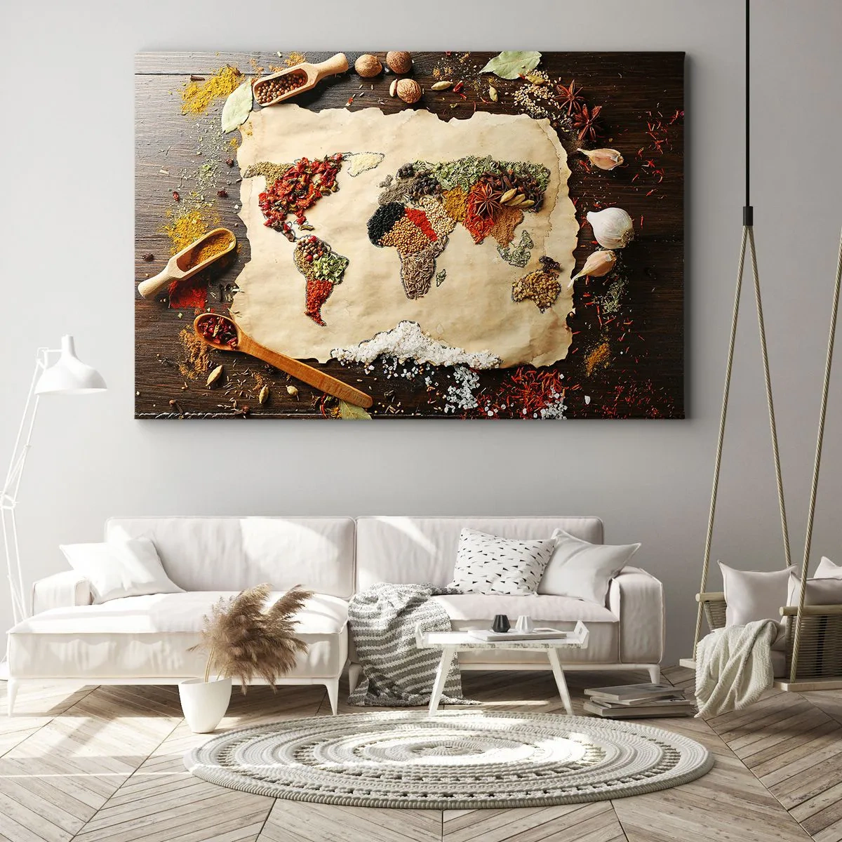 Obraz na plátne - Mapa sveta vyrobená z korenia na drevenom pozadí. - 70x50cm - Všetky chute sveta - Moderná nástenná dekorácia do obývacej izby a spálne ARTTOR