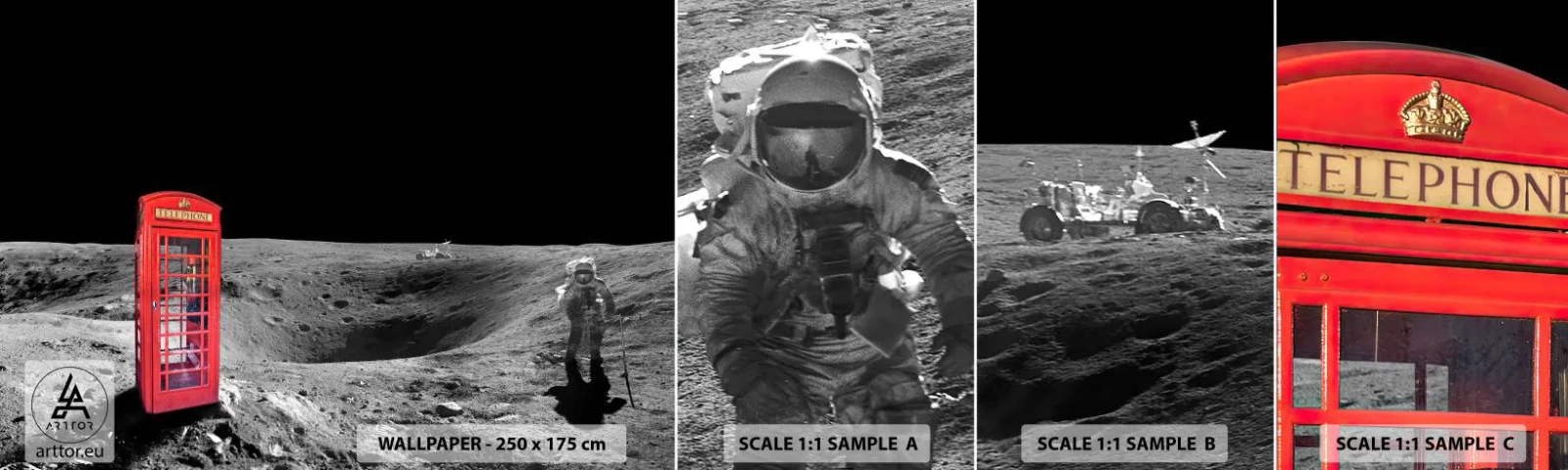 Vzorka Fototapeta Standard Eco - Kozmický žart - Abstrakcia, Mesiac, Astronaut - 100x30 cm