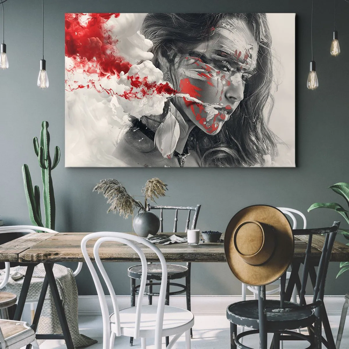 Obraz na plátne - Umelecký portrét ženy s abstraktnými červenými akcentmi - 70x50cm - V škárach absurdity - Moderná nástenná dekorácia do obývacej izby a spálne ARTTOR