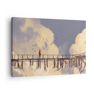 Obraz na plátne - Postava na moste medzi oblakmi s vtákmi na oblohe - 70x50cm - Modrý stesk - Moderná nástenná dekorácia do obývacej izby a spálne ARTTOR