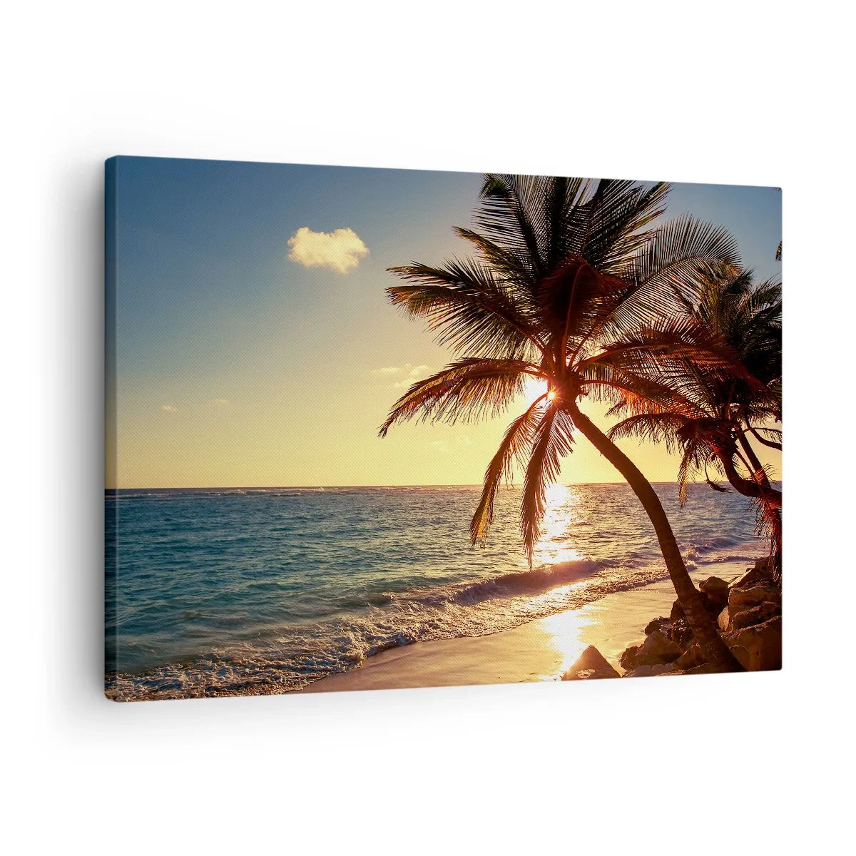 Obraz na plátne - Tropický západ slnka nad plážou s palmami - 70x50cm - Leto pod palmami - Moderná nástenná dekorácia do obývacej izby a spálne ARTTOR