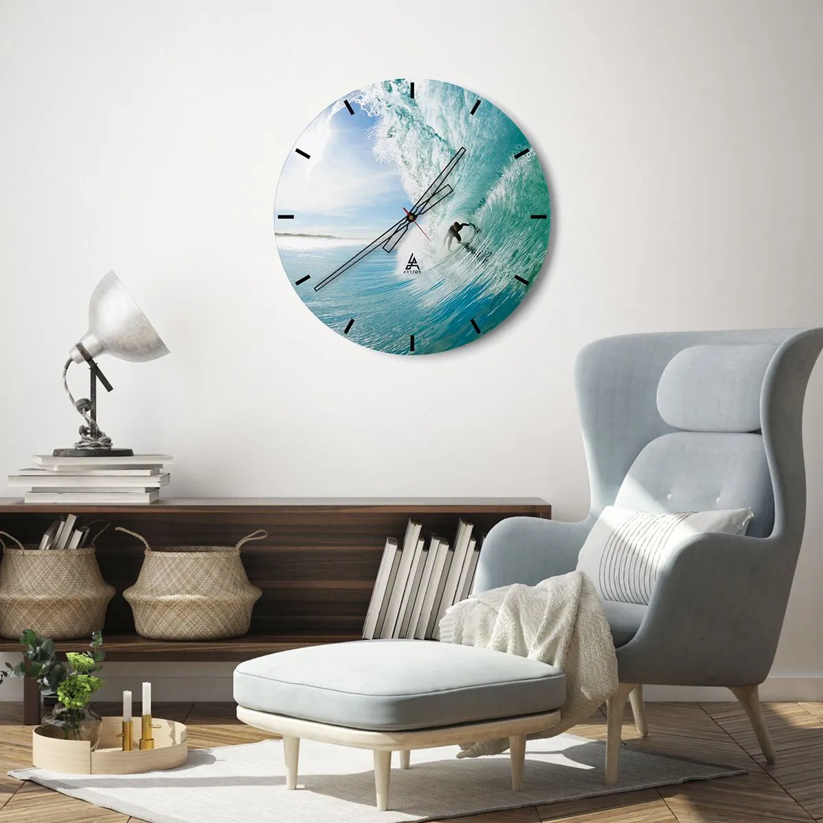 Nástenné hodiny - Surfer vo vodnom tuneli proti modrej oblohe - 30x30cm - Vždy na povrchu - Moderná nástenná dekorácia do obývacej izby, kuchyne a spálne ARTTOR