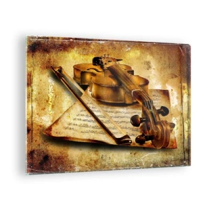 Obraz na skle - Husle s notovým záznamom na vintage pozadí - 70x50cm - Okamžite potrebný virtuóz - Moderná nástenná dekorácia do obývacej izby a spálne ARTTOR