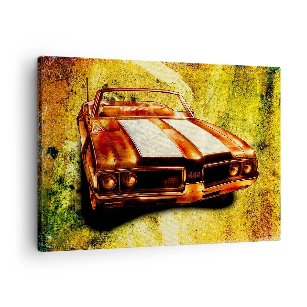 Obraz na plátne - Športový retro kabriolet v zlatých tónoch na vintage pozadí - 70x50cm - Sila začarovaná do tvarov - Moderná nástenná dekorácia do obývacej izby a spálne ARTTOR