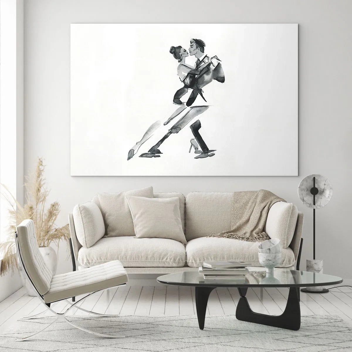 Obraz na skle - Pár tancuje tango v čiernobielom akvarelovom štýle - 70x50cm - V jednom rytme - Moderná nástenná dekorácia do obývacej izby a spálne ARTTOR