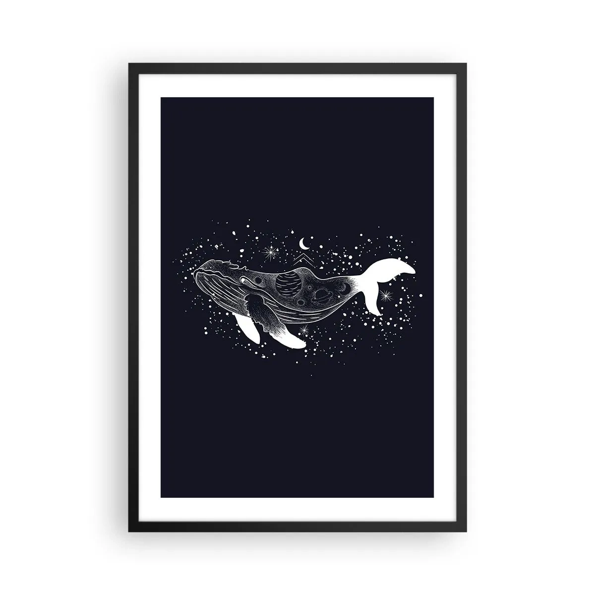 Plagát v čiernom ráme - Vesmírna veľryba v grafickom štýle na čiernom pozadí - 50x70cm - V oceáne vesmíru - Moderná nástenná dekorácia do obývacej izby a spálne ARTTOR