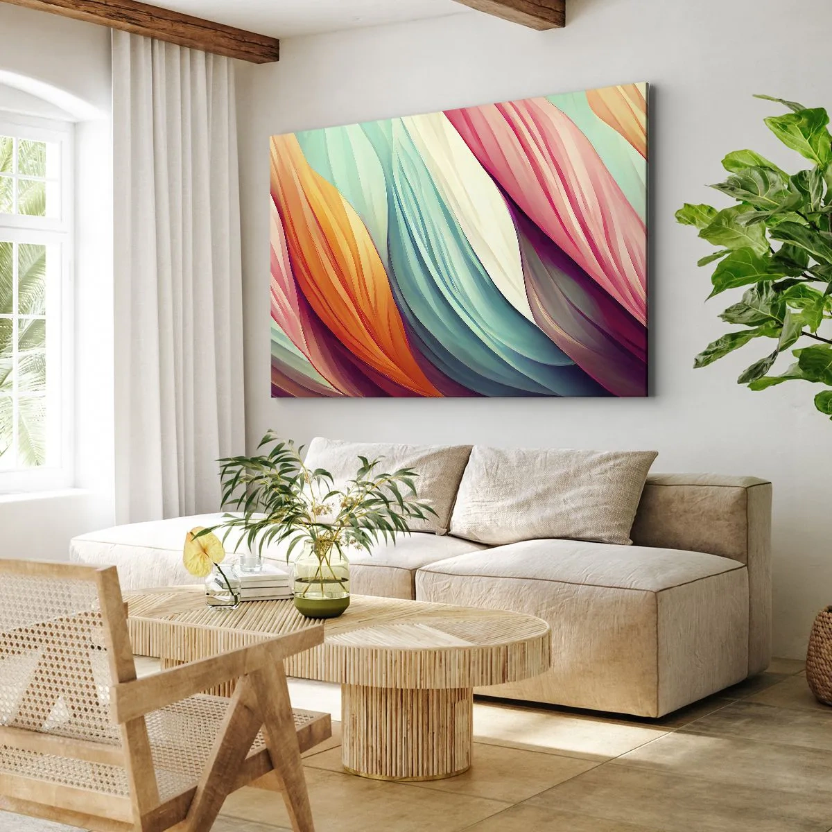 Obraz na plátne - Abstraktné línie v pastelových a žiarivých farbách - 70x50cm - Dúhový uzol - Moderná nástenná dekorácia do obývacej izby a spálne ARTTOR