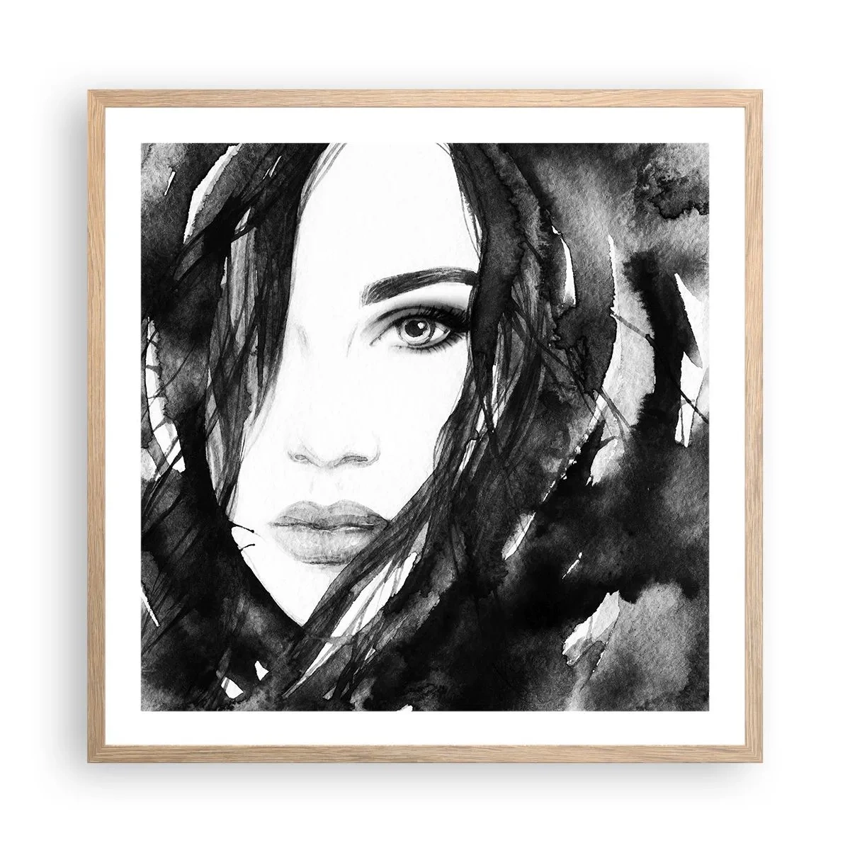 Plagát v ráme zo svetlého duba - Portrét dámy v čiernej a bielej - 60x60 cm