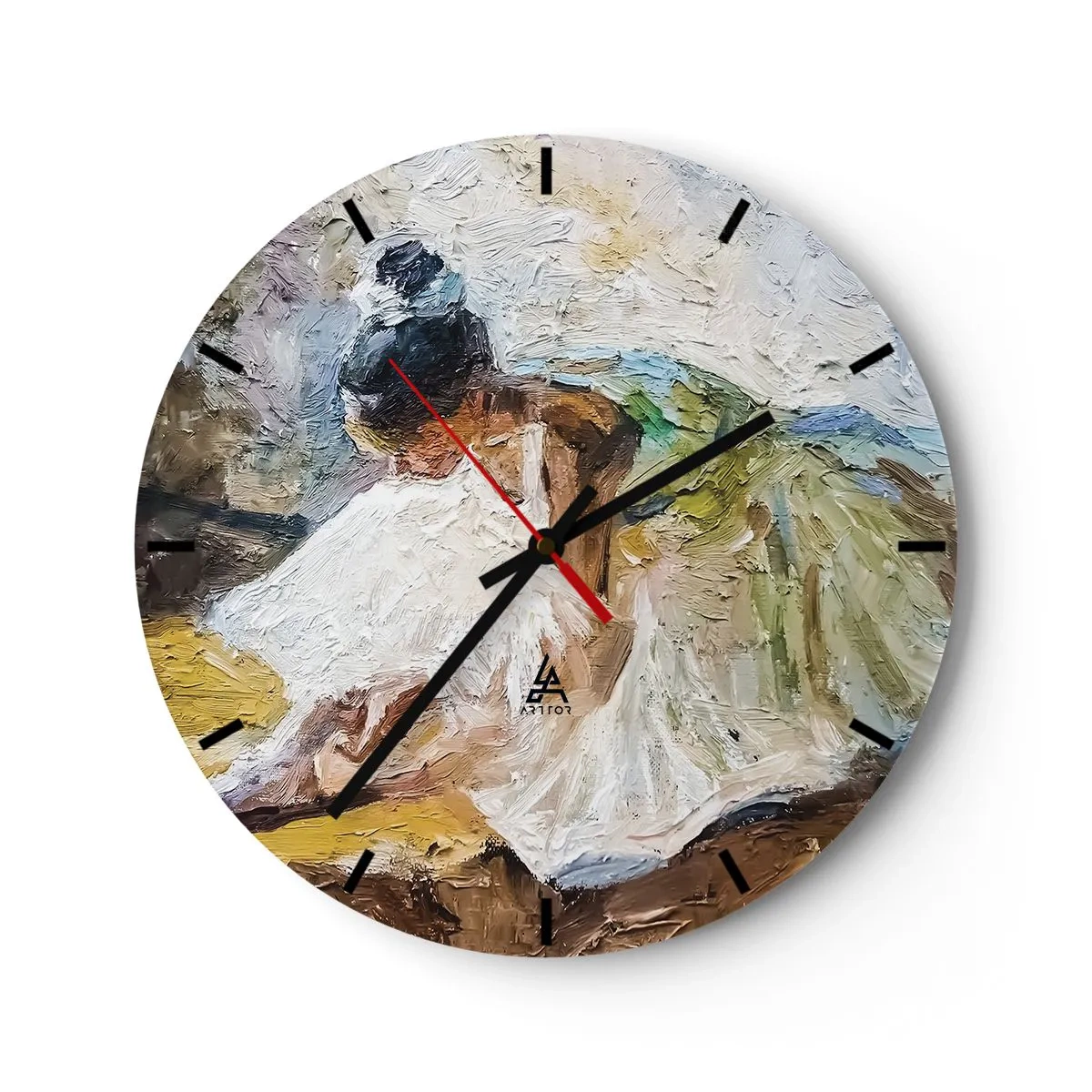 Nástenné hodiny - Baletný tanečník v bielych šatách zobrazený v impresionistickom štýle. - 30x30cm - Z Degasovho obrazu - Moderná nástenná dekorácia do obývacej izby, kuchyne a spálne ARTTOR