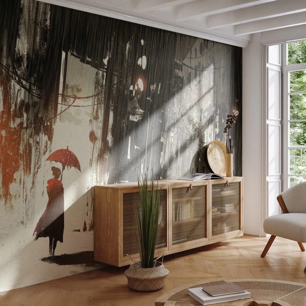 Fototapeta Premium Sand - Poézia červeného dáždnika - Mesto, Žena, Architektúra - 100x70 cm