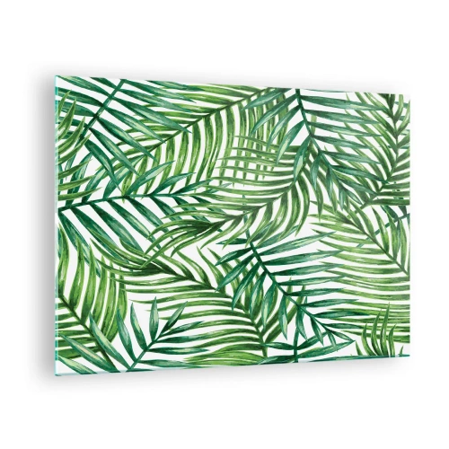 Obraz na skle - Zelené palmové listy na bielom pozadí vytvárajú geometrický vzor - 70x50cm - Pod zeleným baldachýnom - Moderná nástenná dekorácia do obývacej izby a spálne ARTTOR
