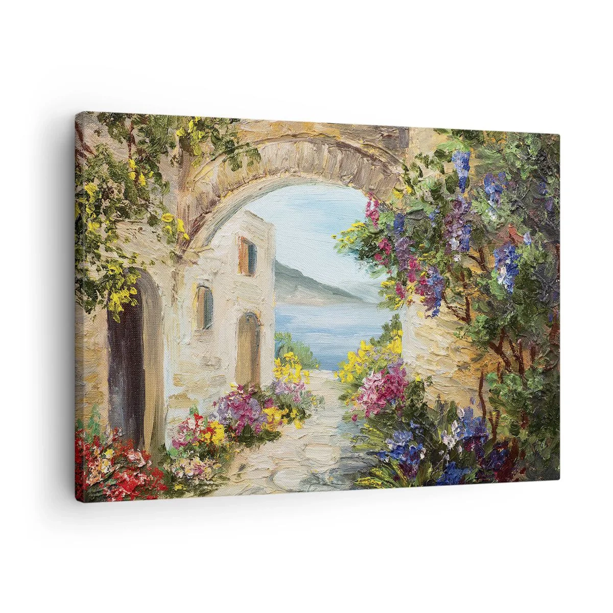 Obraz na plátne - Prímorská krajina s kamennými budovami a kvetmi - 70x50cm - Pôvab pobrežnej krajiny - Moderná nástenná dekorácia do obývacej izby a spálne ARTTOR
