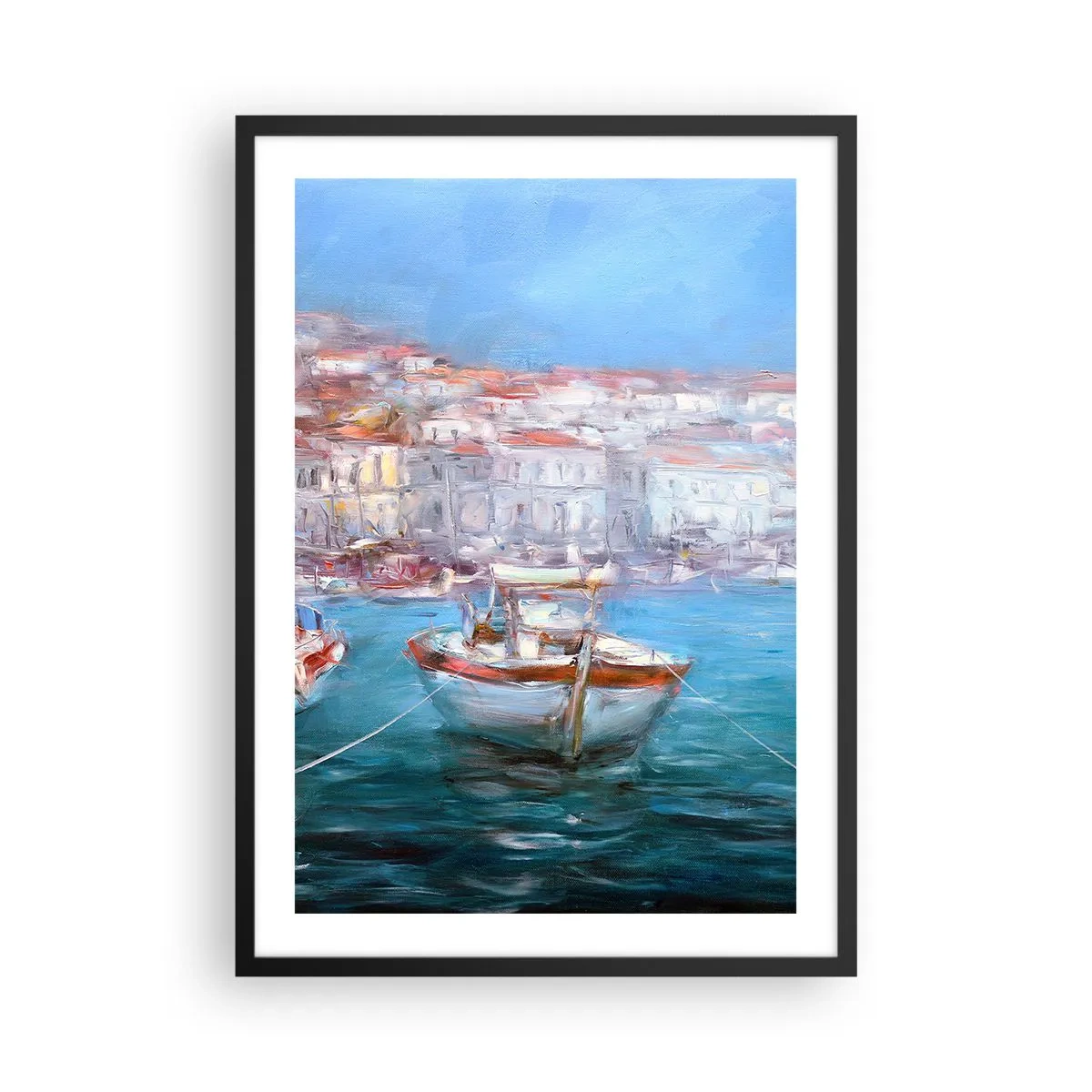 Plagát v čiernom ráme - Loď v prístave s výhľadom na mesto - 50x70cm - Taliansky záliv - Moderná nástenná dekorácia do obývacej izby a spálne ARTTOR