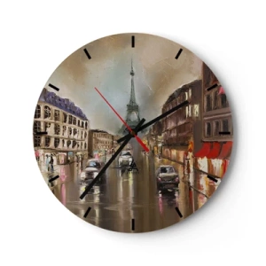 Nástenné hodiny - Eiffelova veža obklopená parížskou ulicou v daždi - 30x30cm - Počíta sa iba ona - Moderná nástenná dekorácia do obývacej izby, kuchyne a spálne ARTTOR