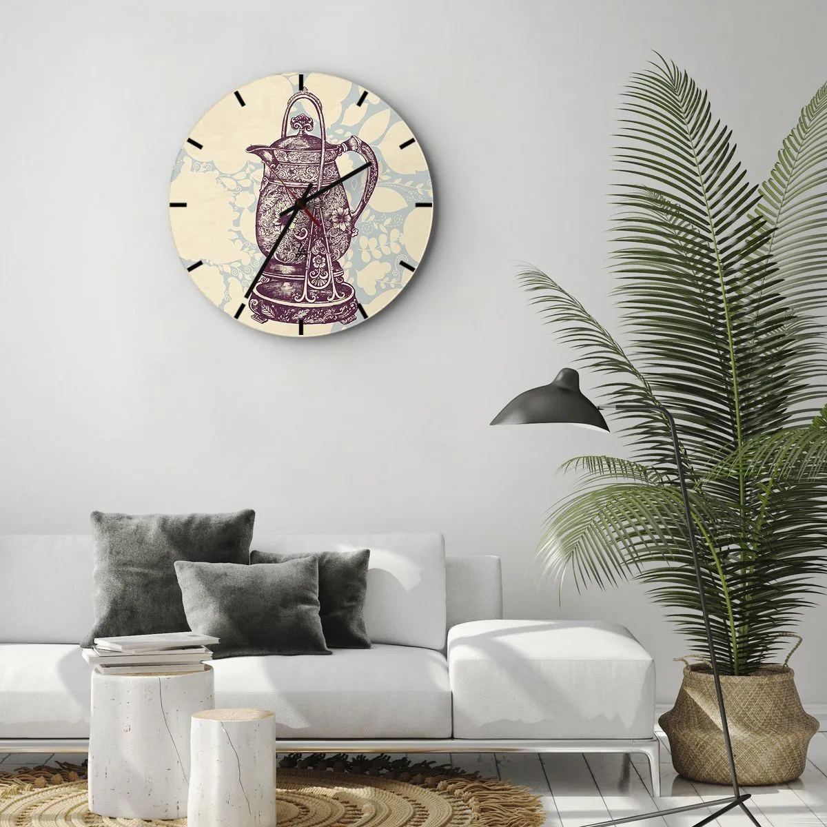Nástenné hodiny - Zdobený vintage džbán s kvetinovým vzorom na pozadí - 30x30cm - Krása všedného dňa - Moderná nástenná dekorácia do obývacej izby, kuchyne a spálne ARTTOR