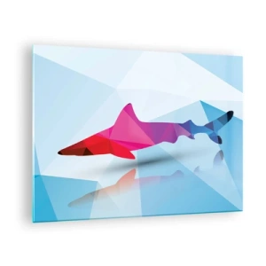 Obraz na skle - Geometrický žralok v odtieňoch červenej a modrej - 70x50cm - Žralok v kryštalickom priestore - Moderná nástenná dekorácia do obývacej izby a spálne ARTTOR