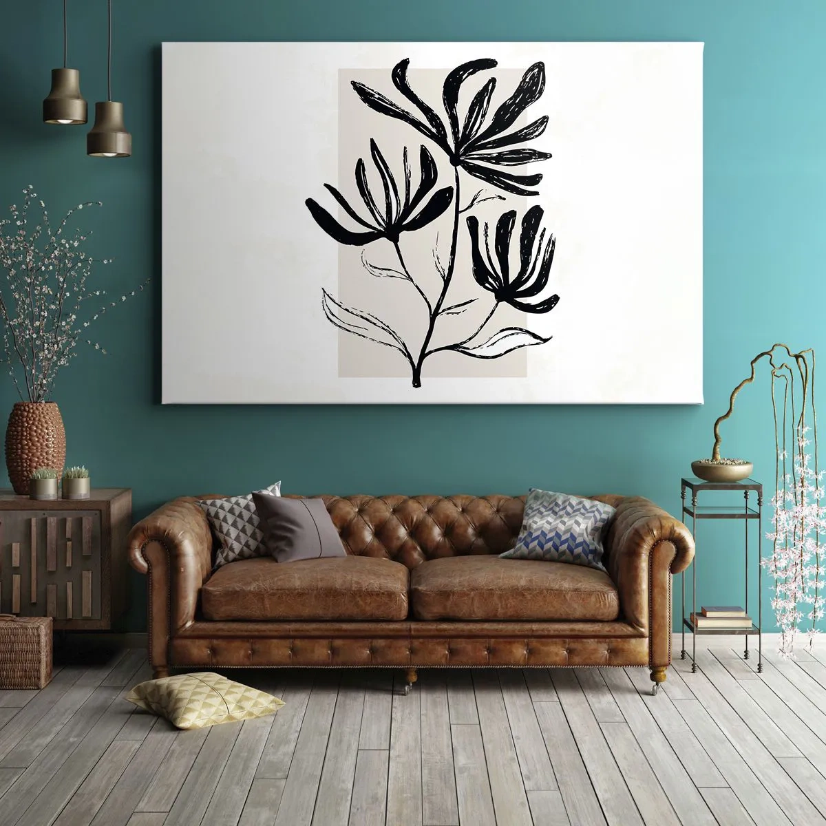 Obraz na plátne - Minimalistický čiernobiely kvetinový motív - 70x50cm - Náčrtok pre herbár - Moderná nástenná dekorácia do obývacej izby a spálne ARTTOR