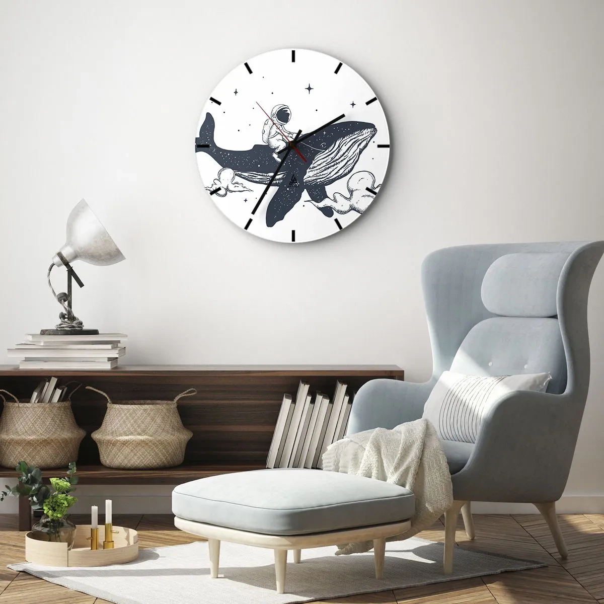 Nástenné hodiny - Astronaut jazdiaci na veľrybe vo vesmíre - 30x30cm - Vesmírne dobrodružstvo - Moderná nástenná dekorácia do obývacej izby, kuchyne a spálne ARTTOR