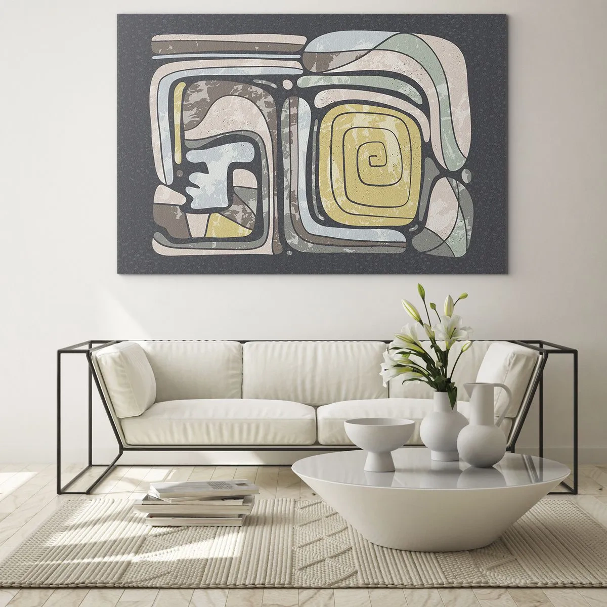 Obraz na skle - Geometrická abstrakcia v zemitých tónoch na čiernom pozadí - 70x50cm - Abstrakcia v predkolumbovskom duchu - Moderná nástenná dekorácia do obývacej izby a spálne ARTTOR