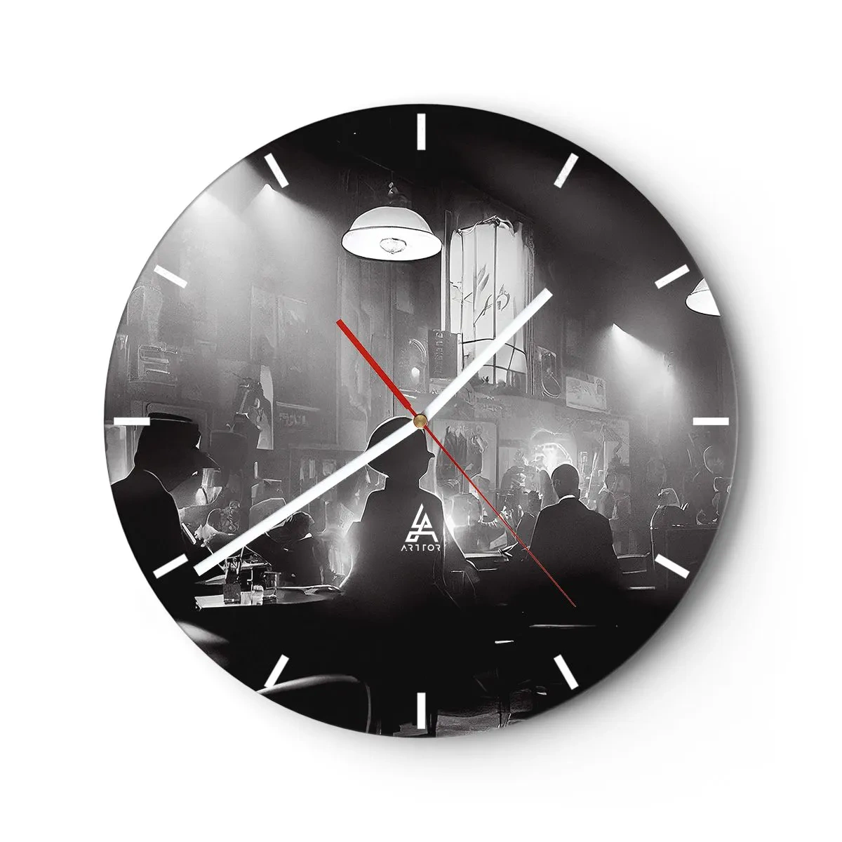 Nástenné hodiny - Čiernobiela scéna z džezového klubu so siluetami hostí - 30x30cm - V jazzovej atmosfére - Moderná nástenná dekorácia do obývacej izby, kuchyne a spálne ARTTOR