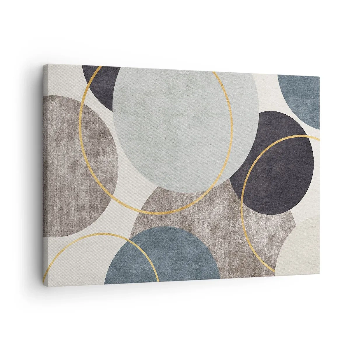 Obraz na plátne - Geometrické kruhy v odtieňoch sivej, modrej a zlatej - 70x50cm - Kruh za kruhom - Moderná nástenná dekorácia do obývacej izby a spálne ARTTOR