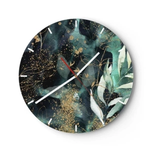 Nástenné hodiny - Zelené listy a zlaté akcenty na tmavom pozadí - 30x30cm - Kúzelná záhrada - Moderná nástenná dekorácia do obývacej izby, kuchyne a spálne ARTTOR