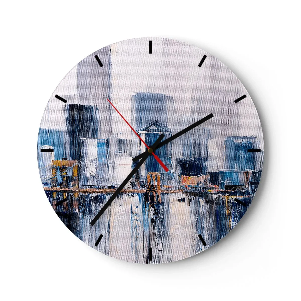 Nástenné hodiny - Impresionistická panoráma mesta s mrakodrapmi a mostom - 30x30cm - Newyorská impresia - Moderná nástenná dekorácia do obývacej izby, kuchyne a spálne ARTTOR