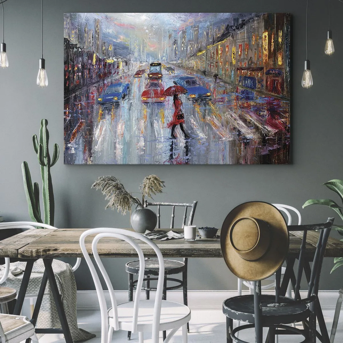 Obraz na plátne - Žena s dáždnikom na daždivej ulici v neónovom svetle. - 70x50cm - Daždivé popoludnie v meste - Moderná nástenná dekorácia do obývacej izby a spálne ARTTOR