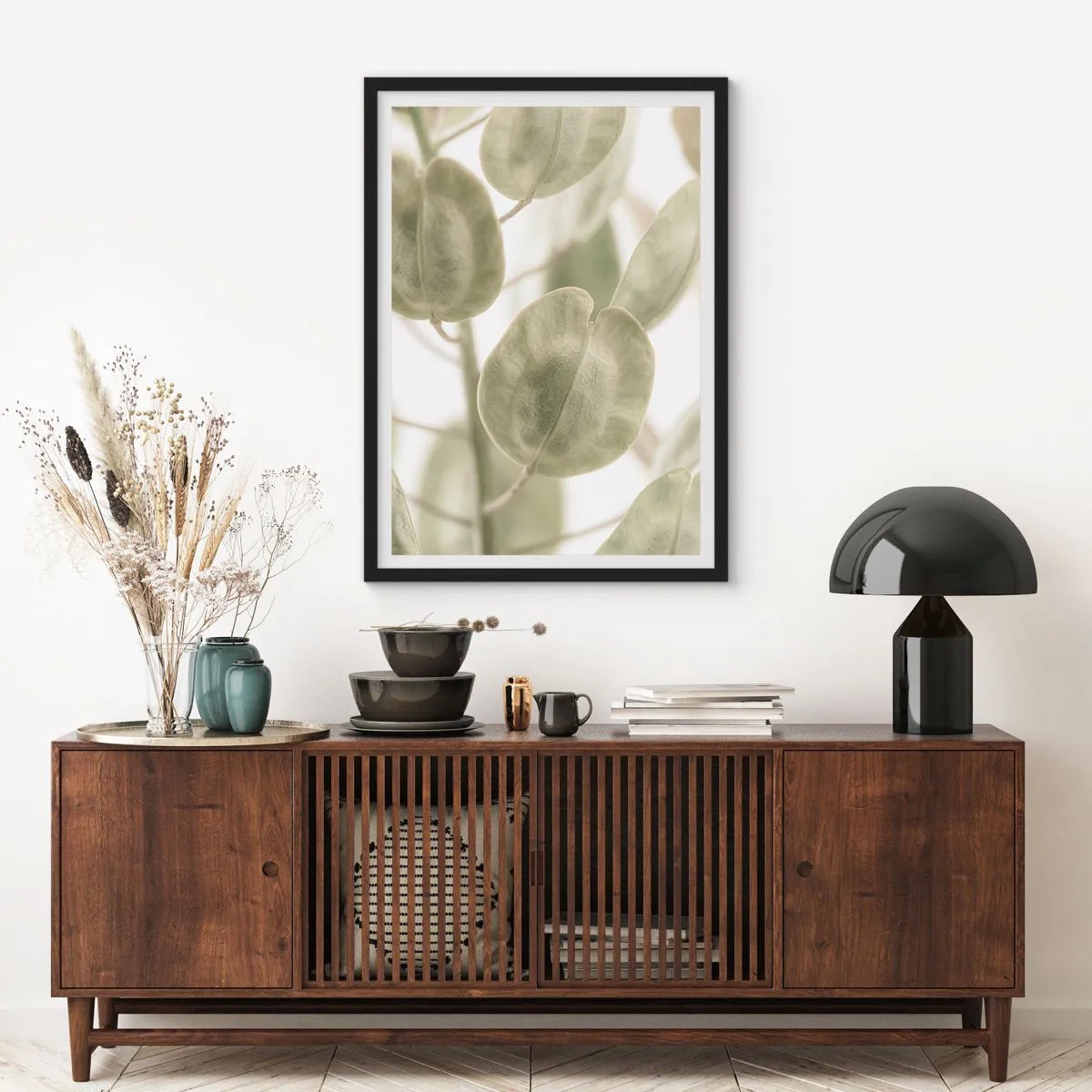 Plagát v čiernom ráme - Detailný záber zelených listov v prirodzenom svetle - 50x70cm - Na začiatku bolo lístie… - Moderná nástenná dekorácia do obývacej izby a spálne ARTTOR