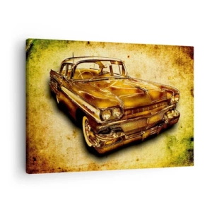 Obraz na plátne - Zlaté klasické retro auto na vintage pozadí so zostarnutým efektom. - 70x50cm - Nehynúca krása klasiky - Moderná nástenná dekorácia do obývacej izby a spálne ARTTOR