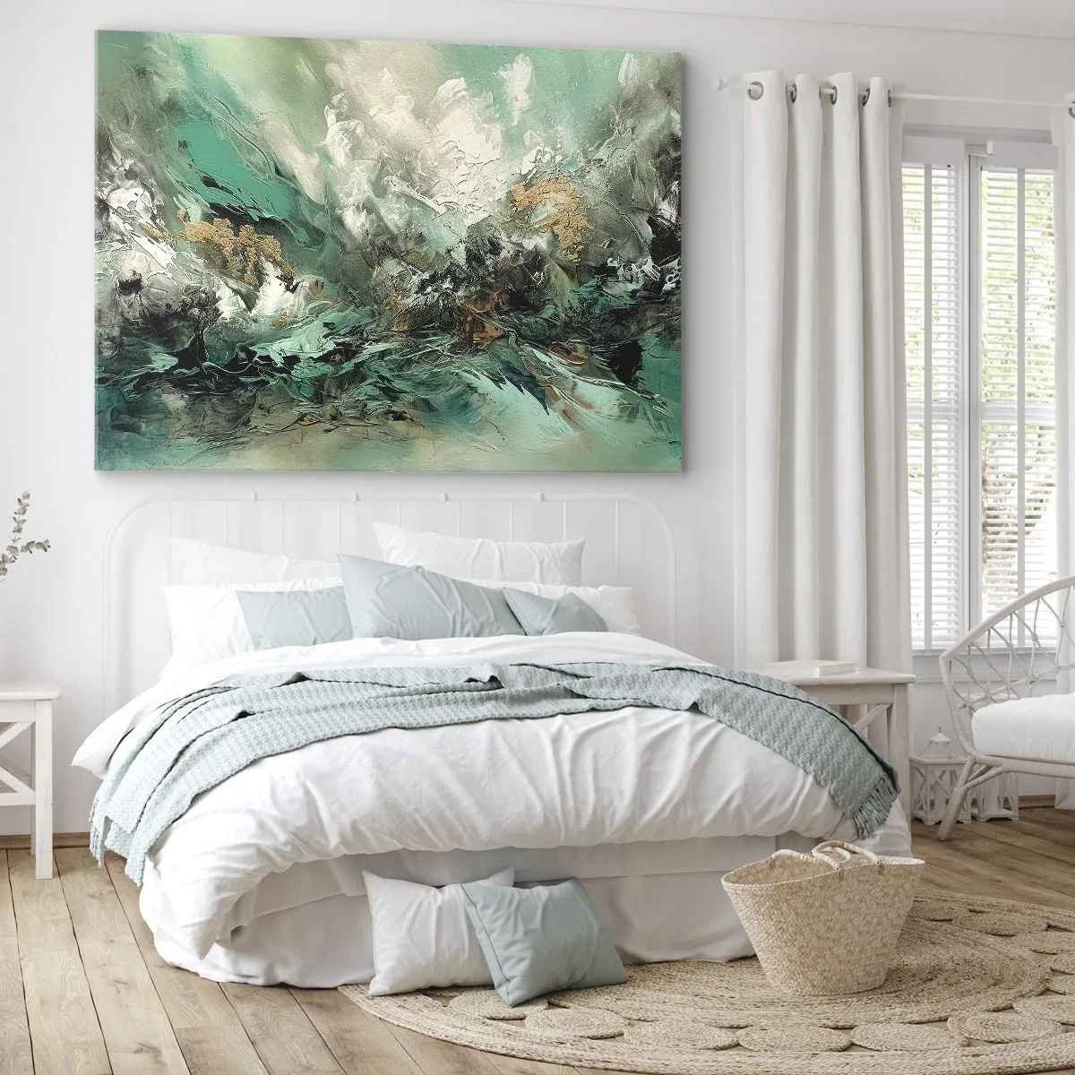 Obraz na plátne - Abstraktná krajina v odtieňoch zelenej a zlatej - 70x50cm - Smaragdovočierne vlnobitie - Moderná nástenná dekorácia do obývacej izby a spálne ARTTOR
