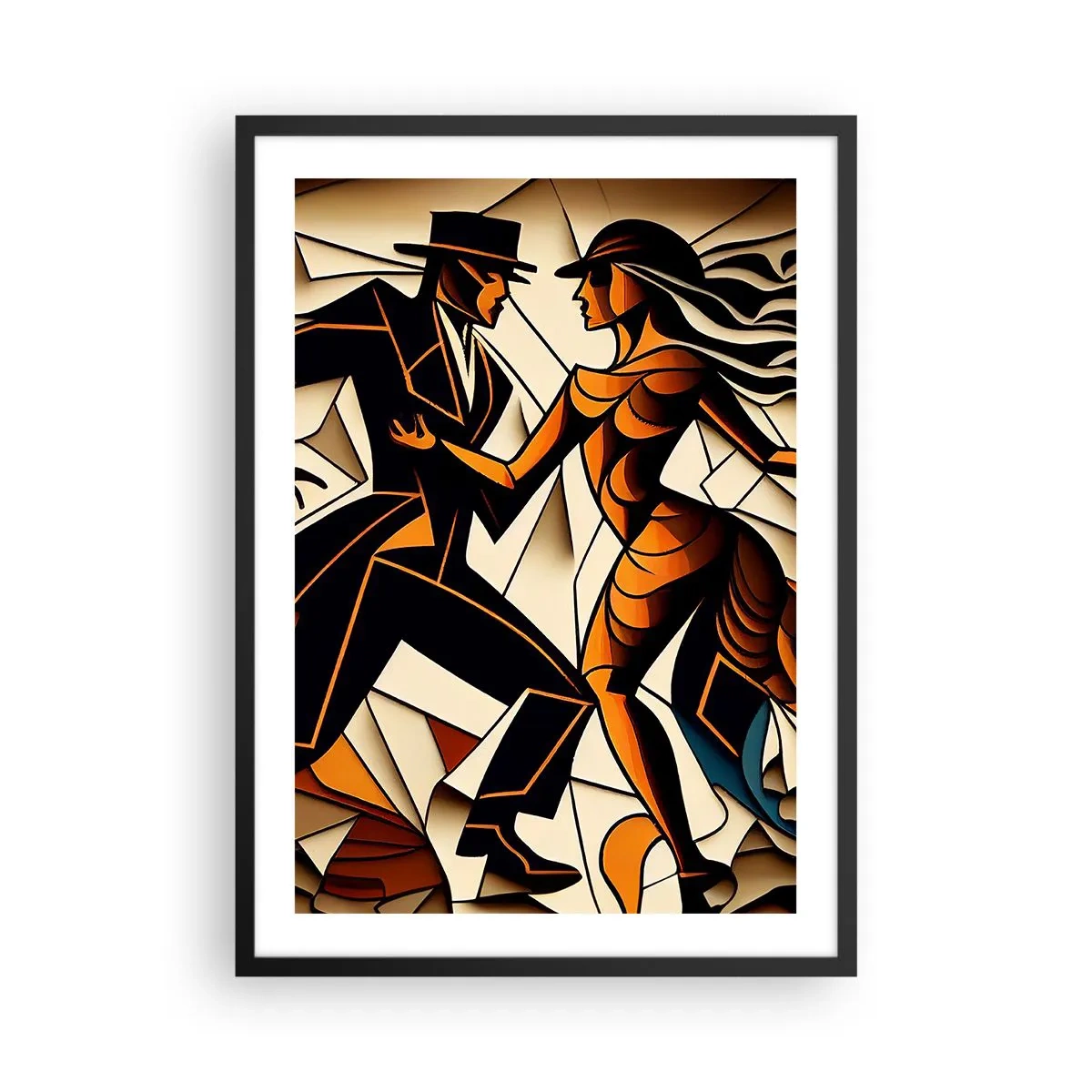 Plagát v čiernom ráme - Dynamický pár tancujúci tango v kubistickom štýle. - 50x70cm - Tanec vrelosti a vášne - Moderná nástenná dekorácia do obývacej izby a spálne ARTTOR