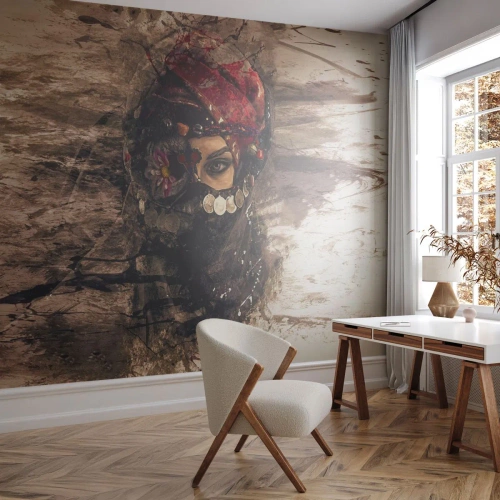 Samolepiaca Fototapeta Deluxe Sticker - Prinajmenšom znepokojujúca - Abstrakcia, Ženská tvár, Orientálne symboly - 400x280 cm